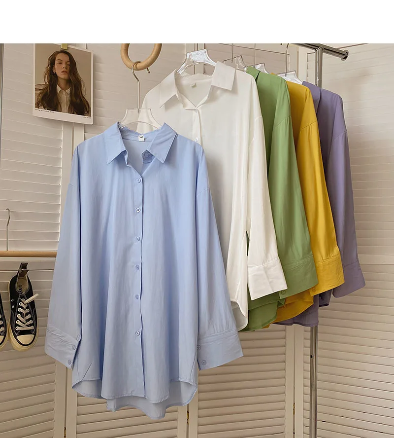 

Early autumn new Korean of the lapel solid color loose mid-length long-sleeved shirt women