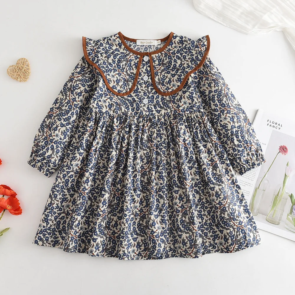 

Laura Kors 2023 Winter New Arrivals Girls Dress Long Sleeve Peter Pan Collar Floral Blue Sweet Baby Girls Dress Vestidos 18M-6T