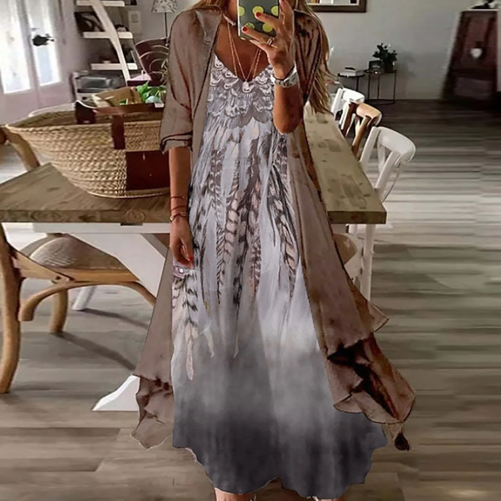 

Женское платье с шифоновой шалью, кардиган, комплект из двух предметов, платье без рукавов с цветочным принтом, рукав до локтя, свободное веч...