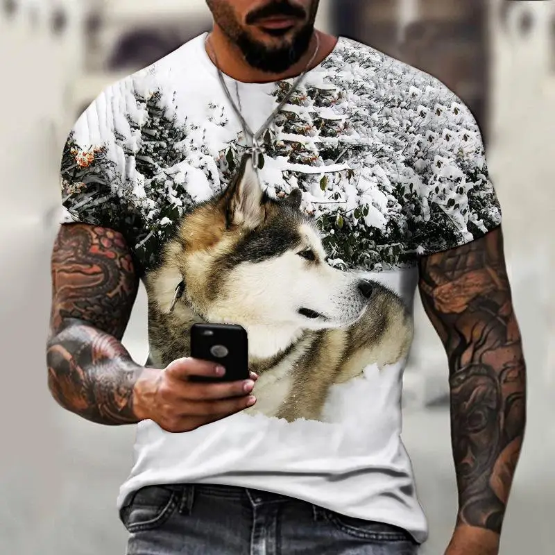 

T Shirt For Men Wolf Pattern Printed T-Shirts Summer Short-sleeved Oversized Pullover Top Round Neck Tee Outdoor Streetwear Tees