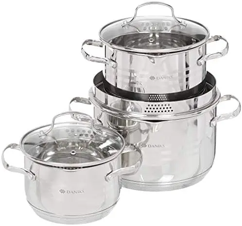 

Stainless Steel 6-Piece Kitchen Set | Induction Pot | Pasta Pot with Strainer Lid | Dishwasher Safe | 2 Quart + 3 Quart + 4.5 Q