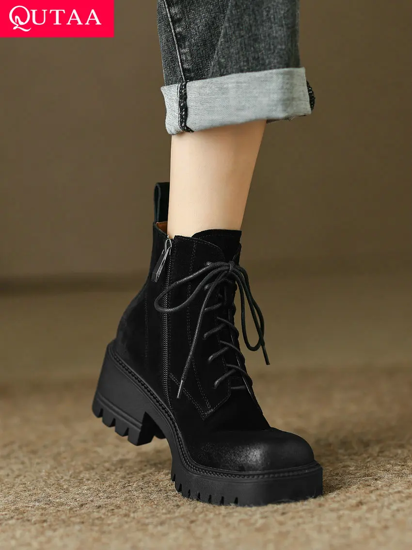 

QUTAA 2023 Casual Women Ankle Boots Fashion Round Toe Platforms Thick Med Heels Genuine Leather Winter Shoes Woman Size 34-41