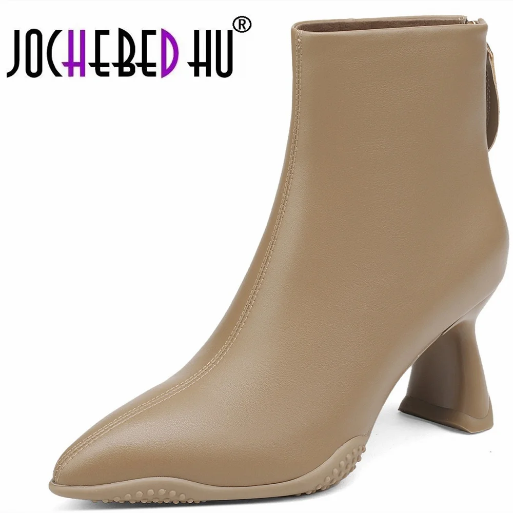 

【JOCHEBED HU】Cow Leather Pointed Toe High Heels Chic Design Concise Basic Clothing Dress Warm Wedding Ankle Boots Size 34-40