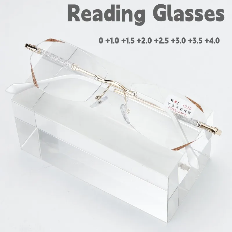 

Rimless Diamond Cut Reading Glasses Women Anti-blue Light Shinning Eyeglasses Ladies Near Sight Eyewear Diopter +1.0 To +4.0