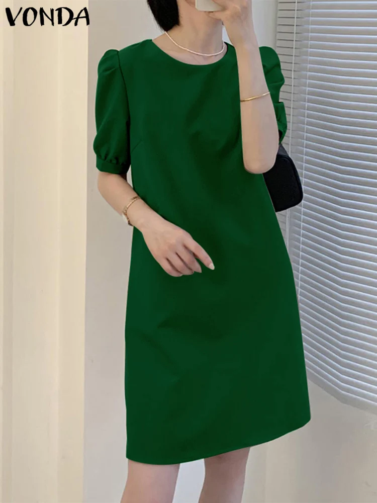 

VONDA Oversize Fashion Solid Chic O Neck Femme Office Vestidos 2022 Elegant Spring A-Line Dresses Women Pleated Short Sundress