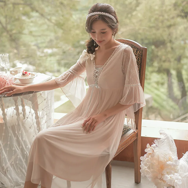 With Breast Pads Women's Nightgown Spring Sexy Nightdress Gauze Horn Sleeve French Sweet Palace Princess Dress Long Style Skirt