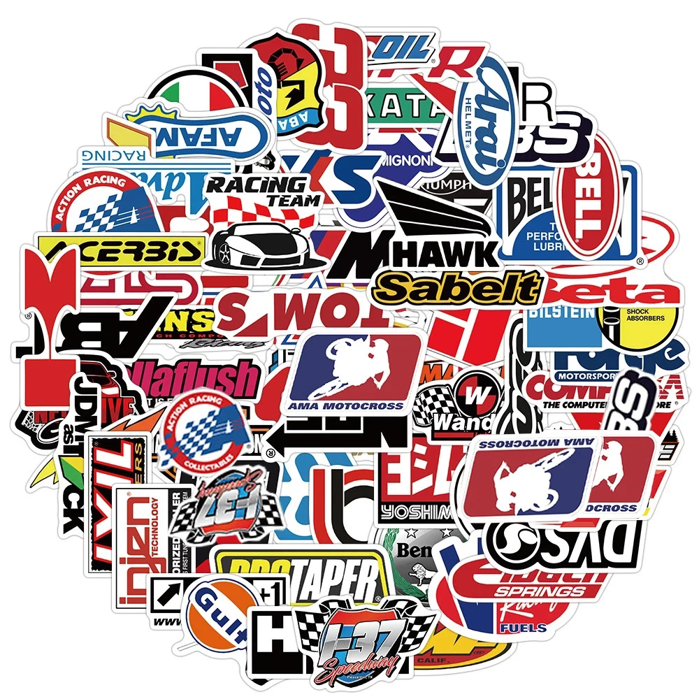 

50/100 шт. случайные мотоциклетные наклейки, багажный шлем, мотоциклетные наклейки для Yamaha Honda JDM, логотип бренда гоночного автомобиля, «сделай сам», водонепроницаемые ПВХ наклейки