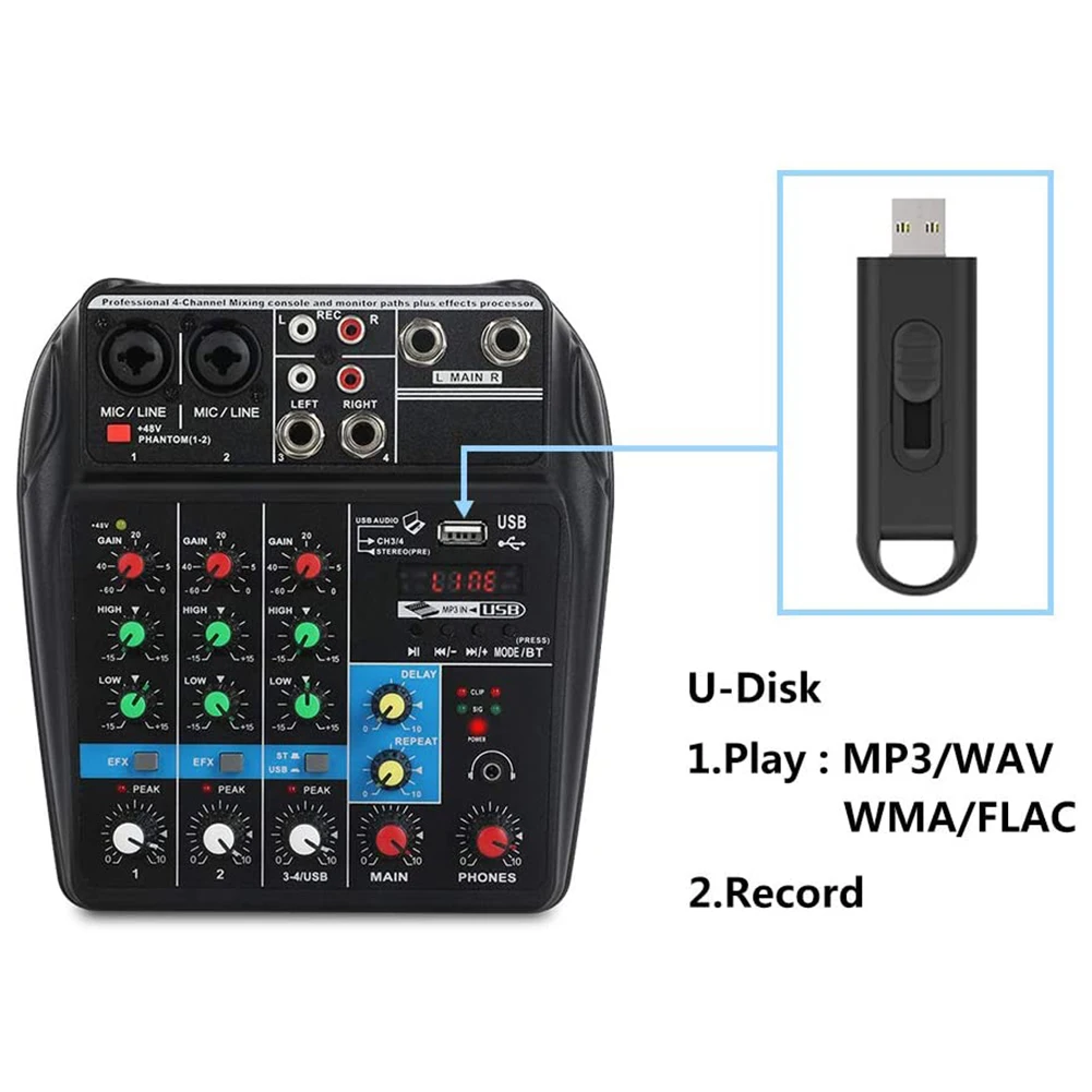 Звуковой микшерный пульт A4 совместимый с Bluetooth USB записывающий компьютер 48 В
