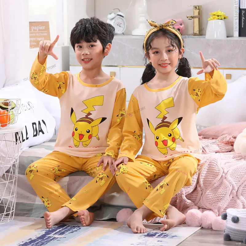 Pokemon Kids Boys Girls Cotton Pajamas Autumn Travel Casual Pajmas Anime Pikachu Sleepwear Set images - 6