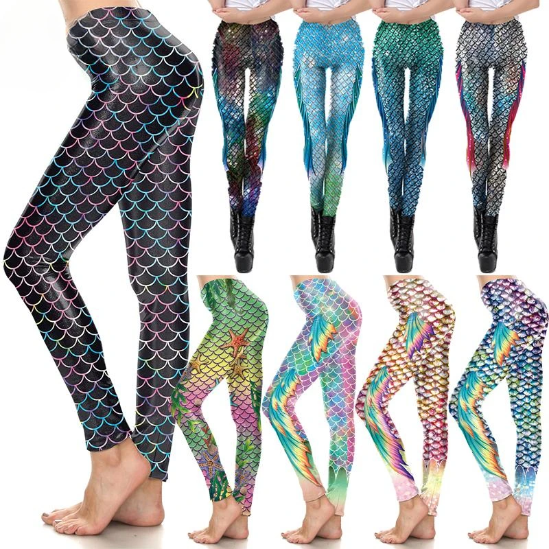 Colorful Mermaid Leggings for Women High Waist Fish Scales Tights Skinny Spandex Trousers Push Up Running Pants