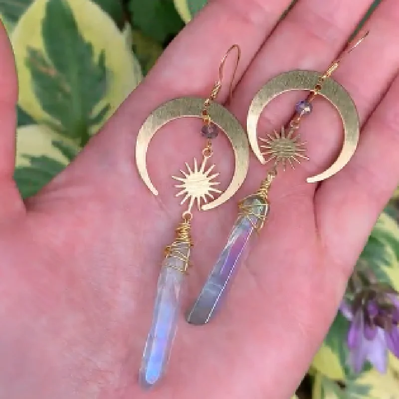 New Celestial Aura Quartz Earrings Moon and Star Sunburst Gold Color Crescent Boho Goddess Novelty Hippie Jewelry Women Gift