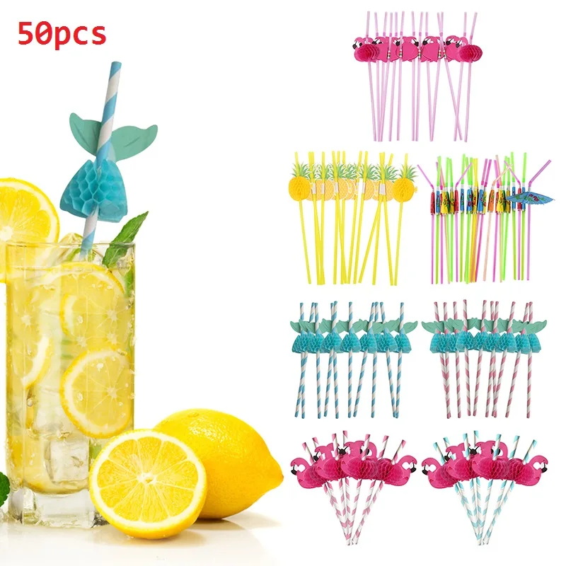 

50pcs Colorful Beverage Straws Tropical Fish Flamingo Tail Honeycomb Pineapple Drinking Straw Pool Hawaii Beach Party Suppiles