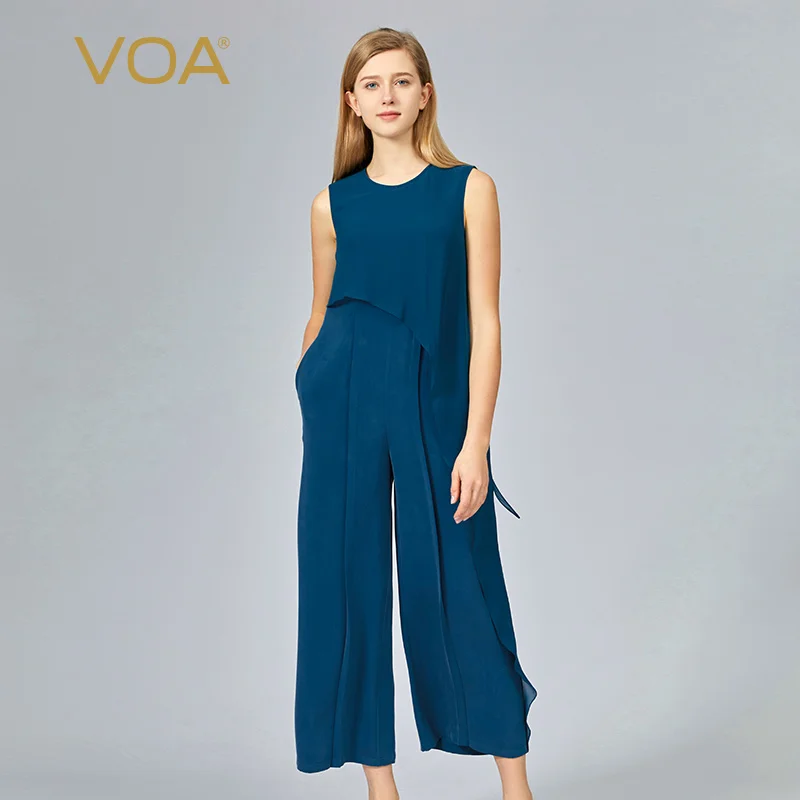 

VOA 30m/m Heavyweight Mulberry Silk Tiffany Blue Round Neck Sleeveless Three-dimensional Loose Straight Silk Jumpsuit KE681