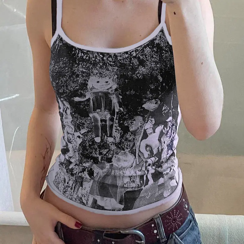 Женский короткий жилет с графическим принтом готический облегающий топ лямкой