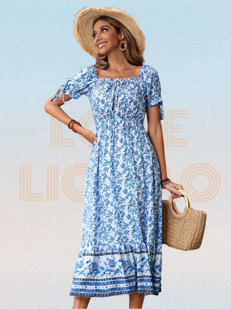 

Женское винтажное платье с высокой талией, облегающее длинное платье из вискозы в стиле бохо, Платье макси с поясом на резинке, лето