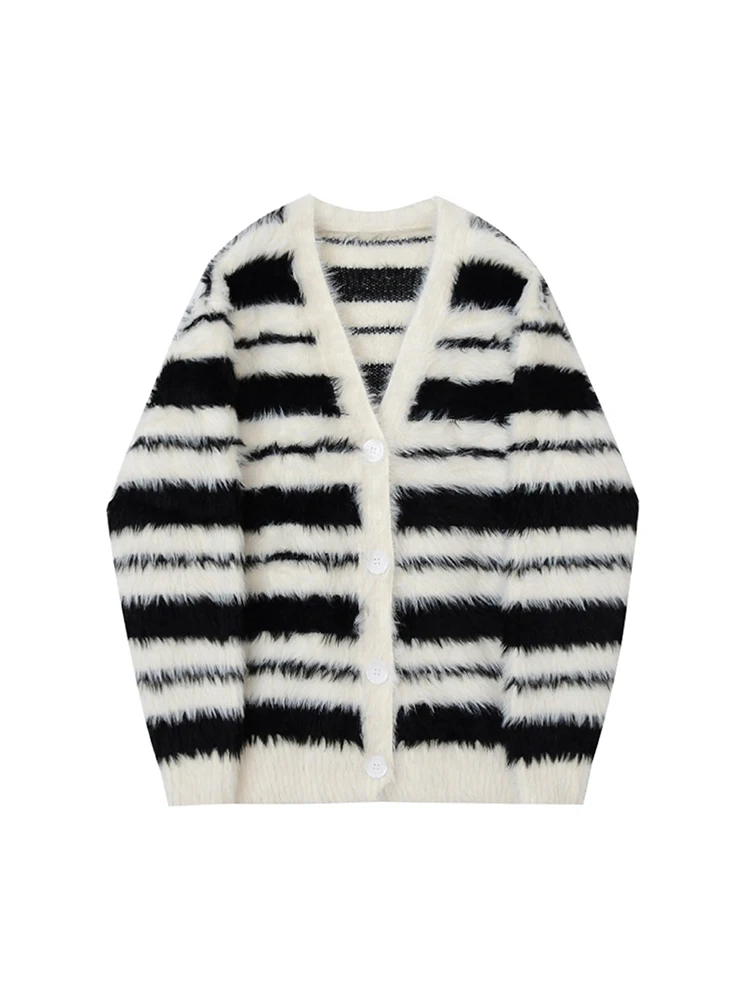 

Korean Fashion Autumn Winter Women Striped Sweater Single-breasted Fluffy Cardigan Knitwear Long Sleeve Cozy Warm Aesthetic Ins