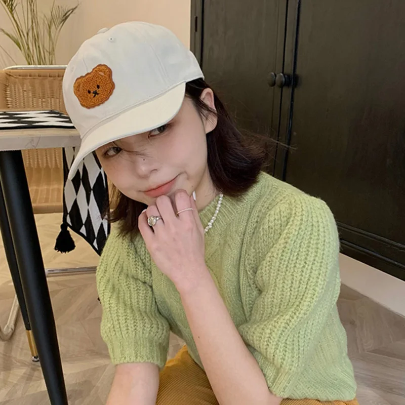 

New Cute Bear Baseball Cap Korean Fashion Retro Hip Hop Curved Brim Peaked Caps For Woman Girl Summer Outdoor Snapback Sun Hats