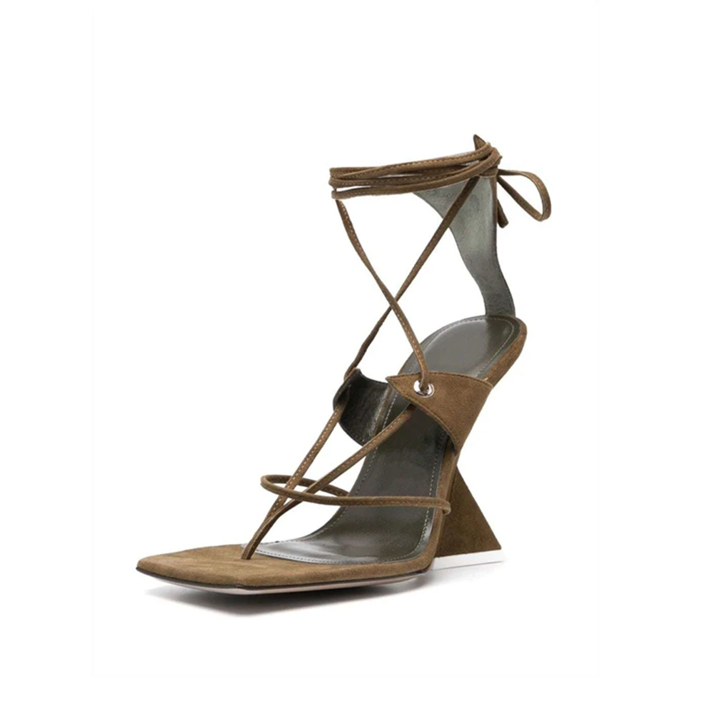 Summer New Women Fashion Square Clip Toe Lace-Up Ankle Strap Sandals Strange High Heels Cut-Outs Narrow Band Shoes Big Size 43