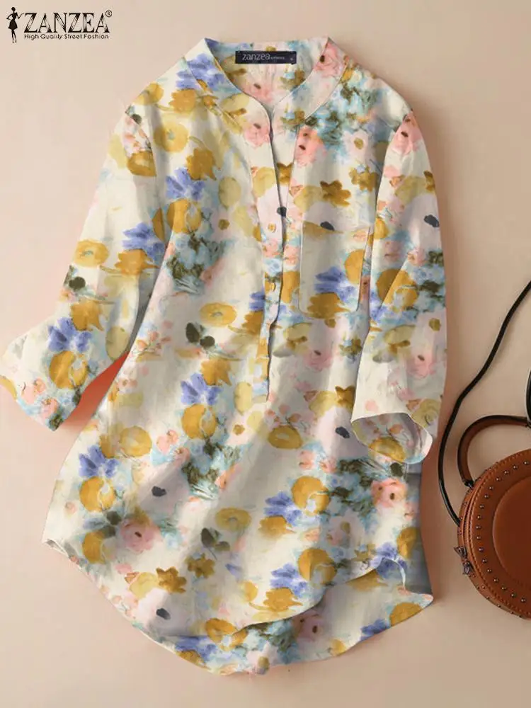

ZANZEA Floral Print Round Neck Shirts Summer 3/4 Sleeve Women Smock Tops Oversize Casual Blouses Rounded Hem Fashion Button Up