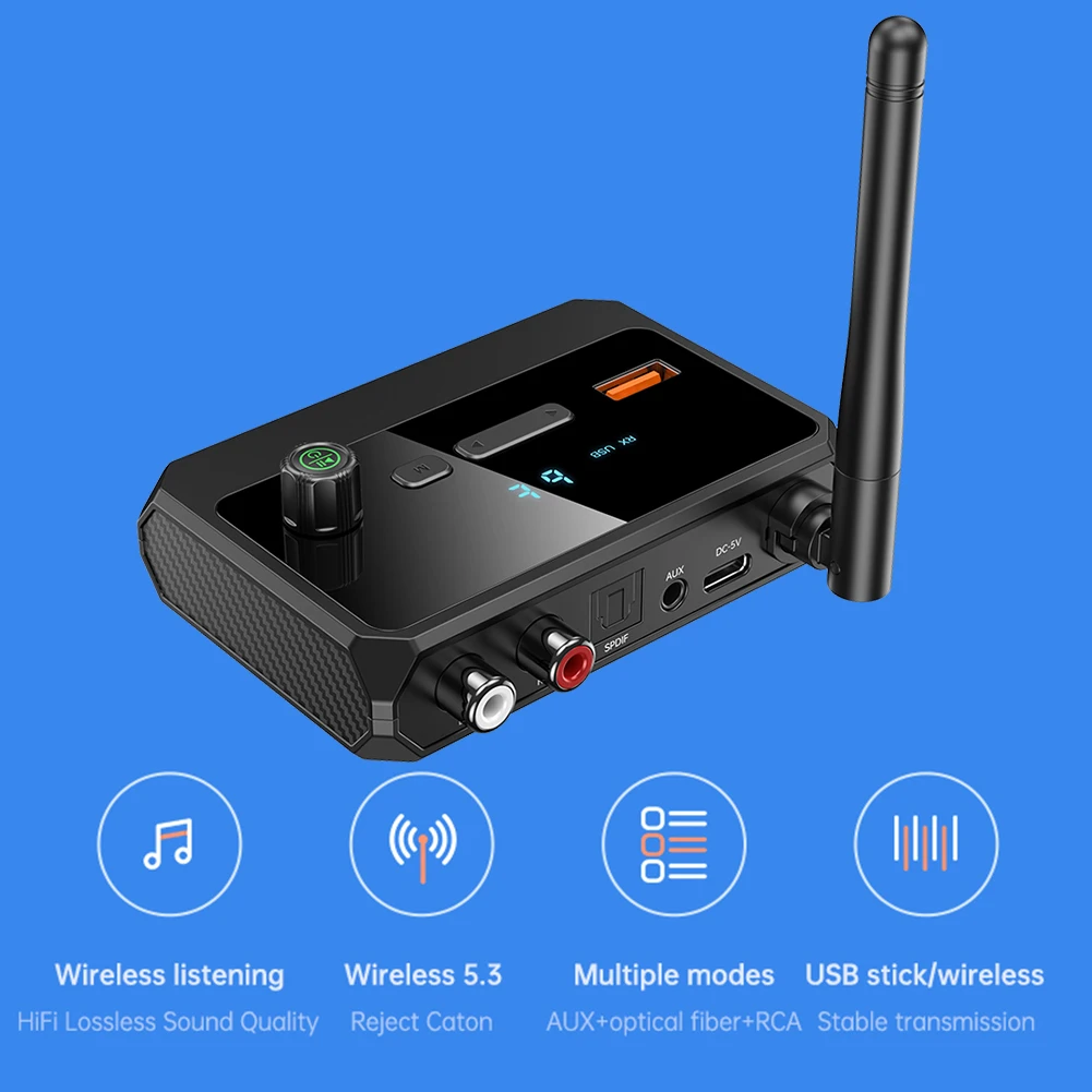 

Приемник-передатчик Bluetooth 5,3, аудиоадаптер, U-диск, воспроизведение, Aux, RCA, преобразователь, дистанционное управление, передача на 10 м, цифровой экран