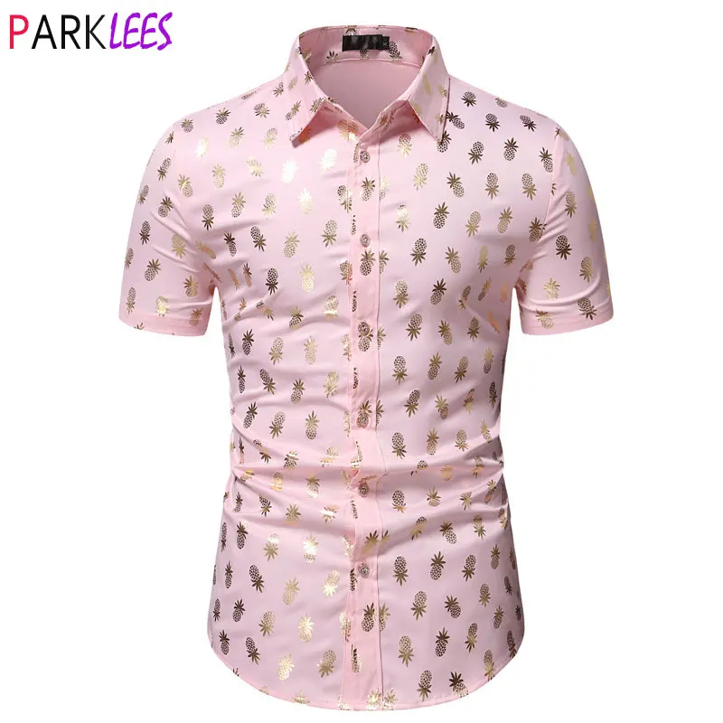 

Pink Hawaiian Shirt for Men Funky Casual Pineapple Gold Print Mens Dress Shirts Shorat Sleeve Casual Party Vacation Clothing 2XL