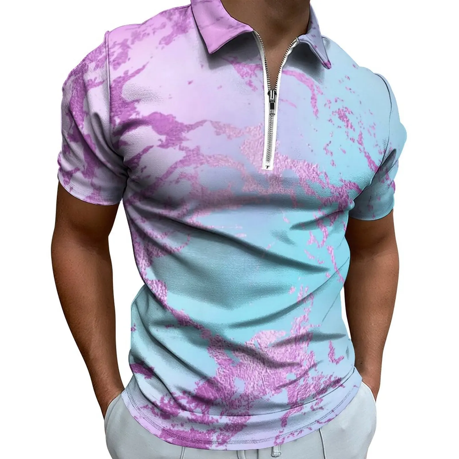 

Розовые, синие, фиолетовые рубашки-поло с эффектом омбре, блестящая повседневная рубашка с мраморным принтом, Пляжная модная футболка с коротким рукавом и отложным воротником, графические футболки