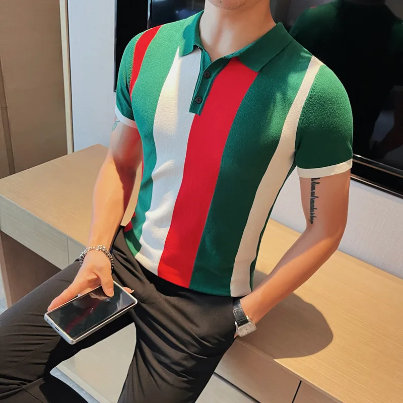 

2023 Summer Men Short Sleeve Knitted Polo Shirts Fashion Patchwork Color Lapel Slim Fit Ice Silk Tees Shirts Plus Size 5XL-M