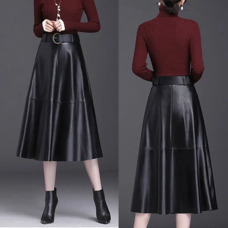 

Женская Зимняя Юбка-миди из ПУ кожи, с высокой талией