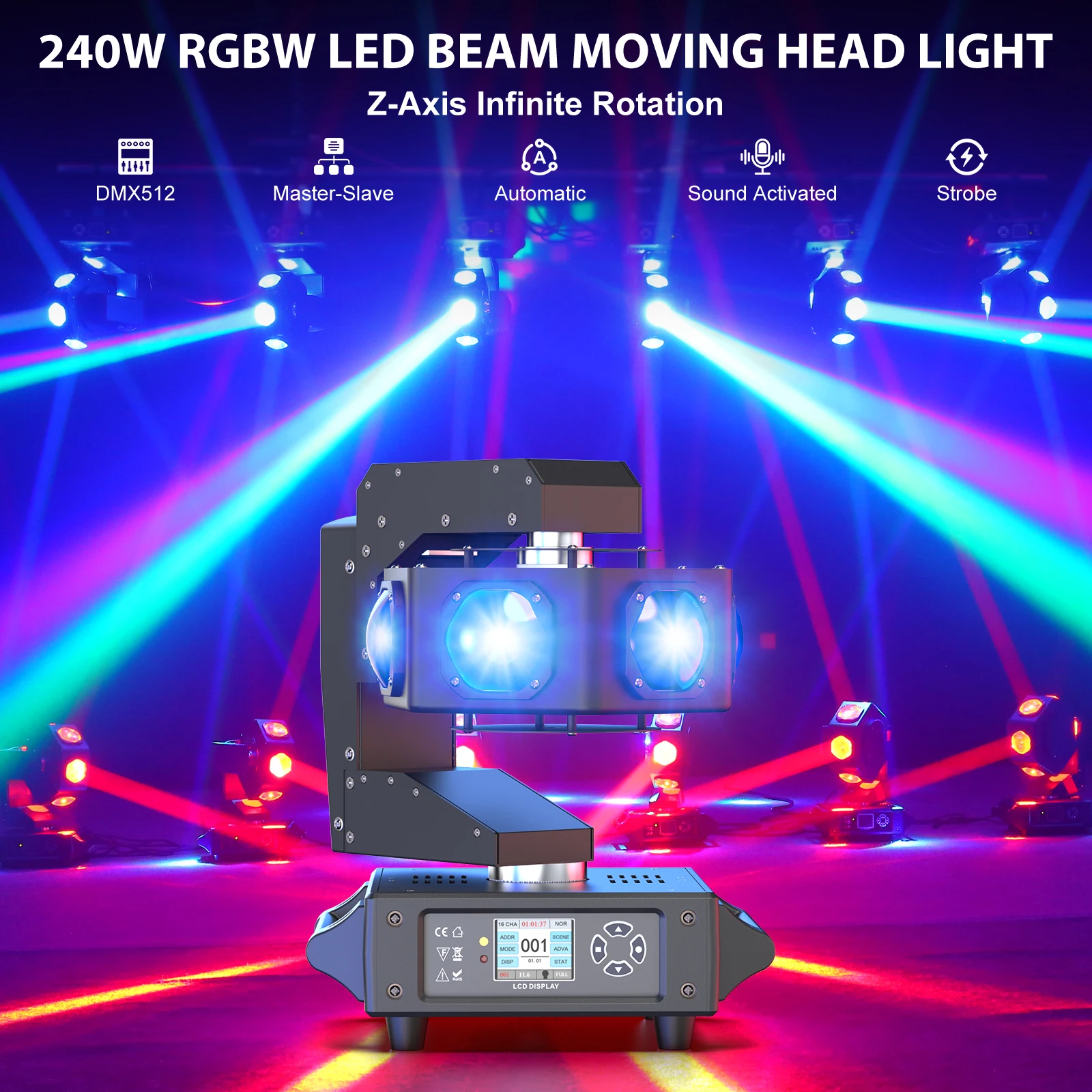 Fieryzeal 240W RGBW Светодиодный луч с подвижной головкой DMX 4IN1 сценический светильник