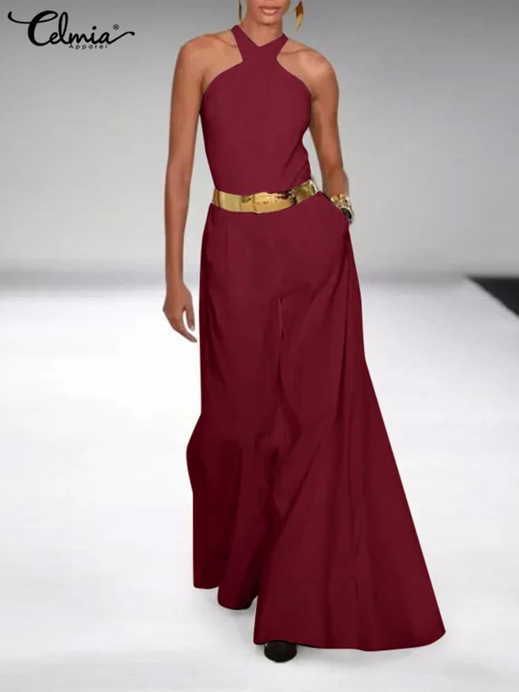 

Celmia Women Halter Backless Playsuits Elegant Off Shoulder Long Jumpsutis Summer Dungarees Casual Wide Leg Trousers Overalls