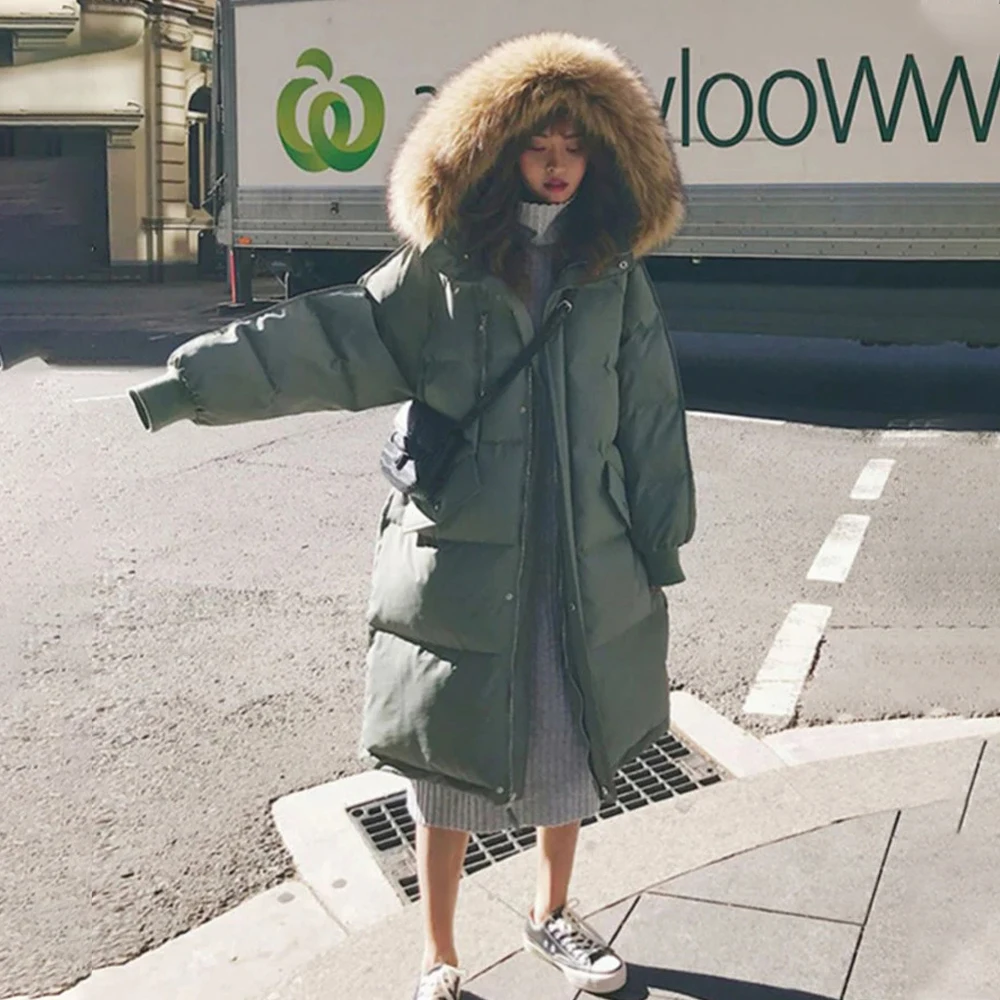 Women's Winter Cotton-padded Jacket Korean Stye Large Fur Collar Hooded Long Down Cotton Parkas Warm Loose Clothing Women Coat