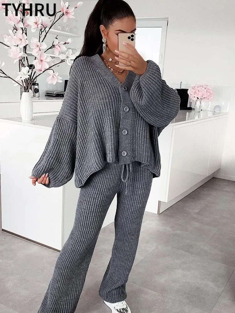 

TYHRU Women’s Knitted Pants Tracksuits V-neck Button Up Sweaters Jumpers Cardigans+Wide Leg Trousers 2 Pieces Sets Knitwear