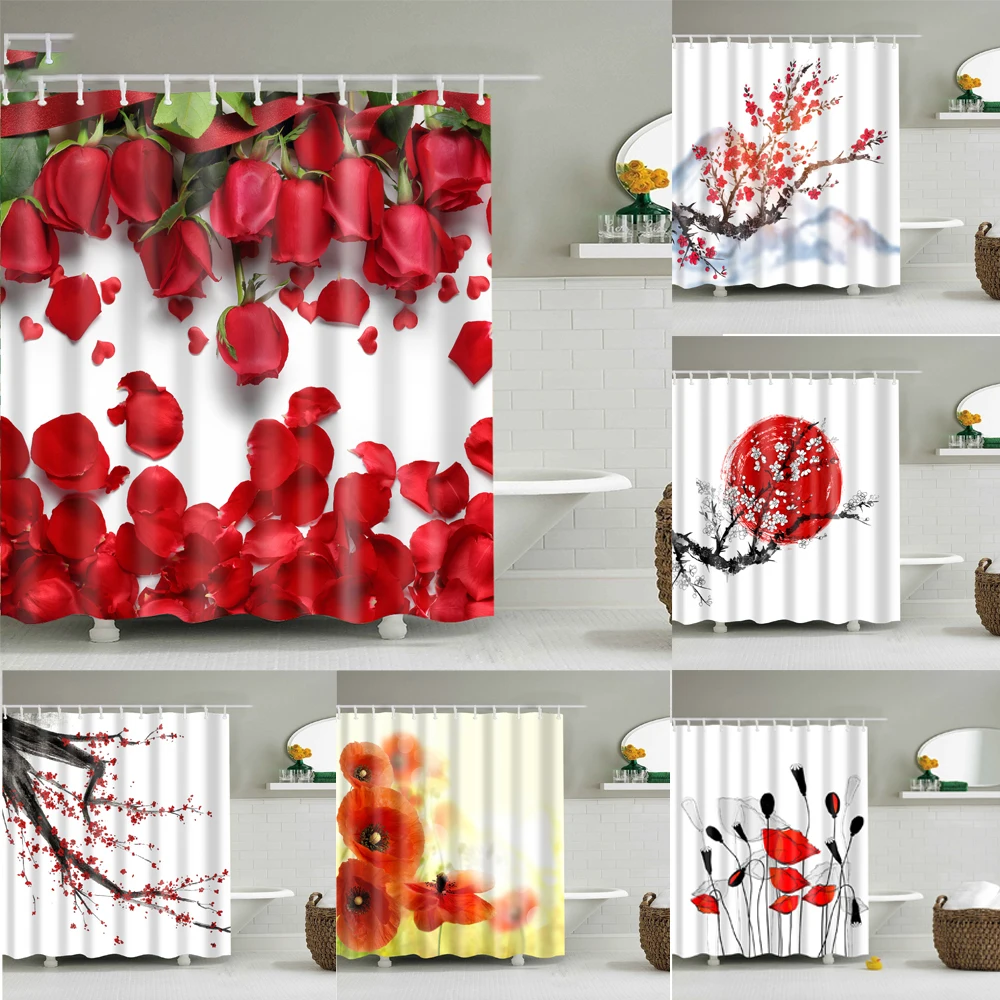 

Japanese Style Cherry Blossoms Red Rose Shower Curtains Bathroom Curtain Frabic Waterproof Polyester Bathroom Curtain with Hooks