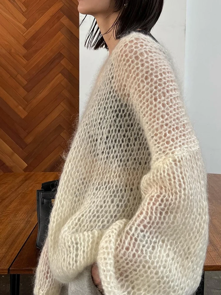 

YIZZHOY Autumn Winter New Women Hollow Out Knitted Sweater Female Fashion Casual Long Sleeve V-Neck Loose Tops