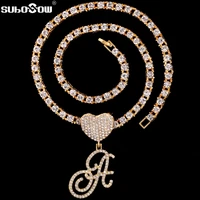 trendy new a z cursive initial letter heart pendant necklace for women paved rhinestone tennis chain necklace iced out jewelry