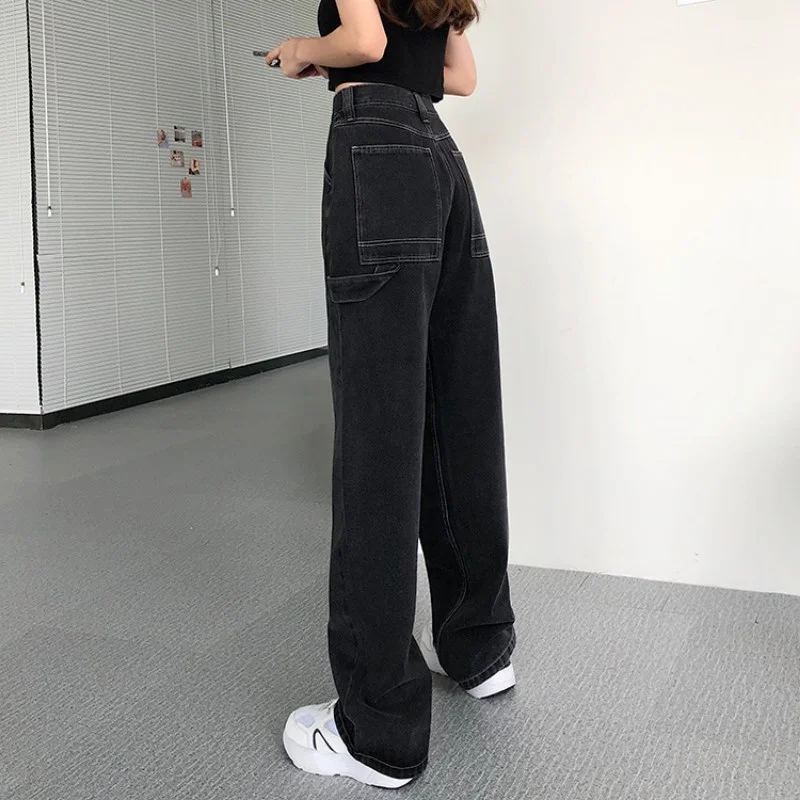 

Hong Kong-flavored black wide-leg jeans women's high waist loose mopping pants