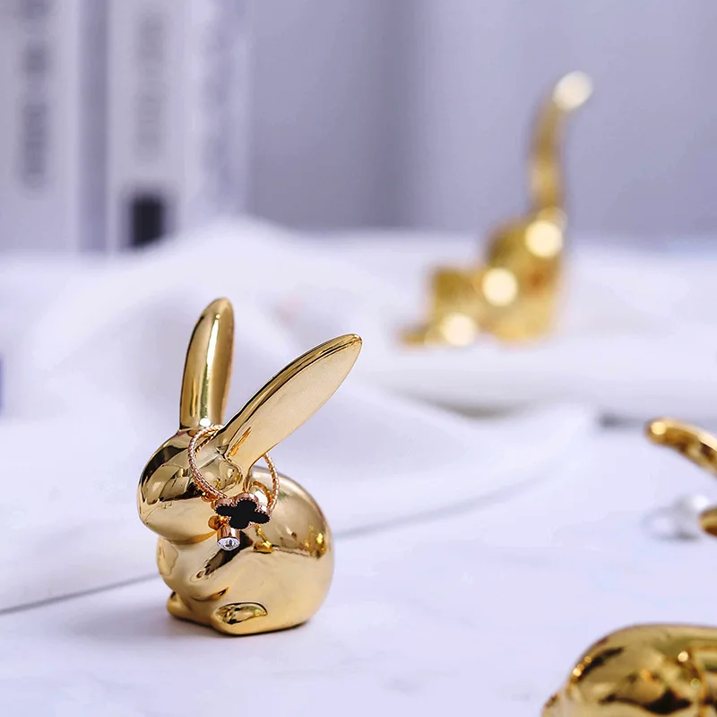 

Ceramic Cute Gold White Rabbit Fox Figurines Porcelain Table Home Decoration Gift Modern Statue Jewelry Rack Furnishings