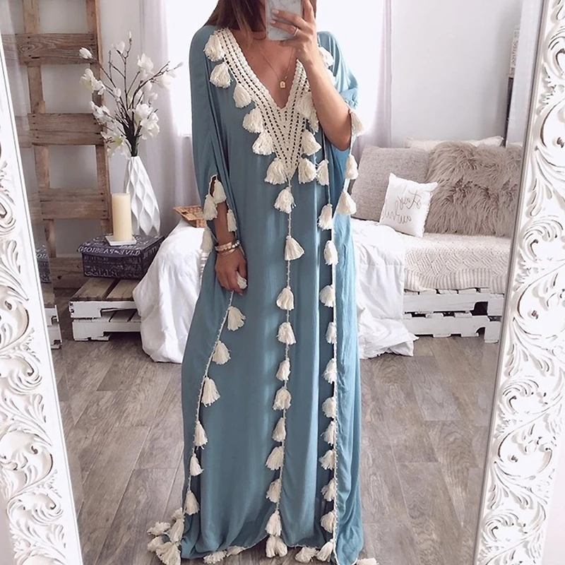 

Women Loose Tassel Ruffer Long Dress Elegants Caual Short Sleeve Beach Dress Spring Summer Spring Muslim Moroccan Kaftan Dress