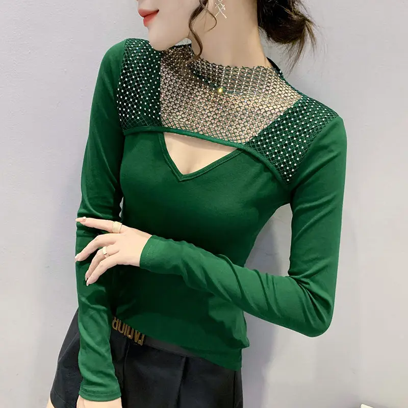 

Woman Mesh Shiny Long Sleeve T Shirt Female Club Party Tee Shirts Ladies Thin V Neck Slim Fit Basic Bottoming Tee Shirts G253
