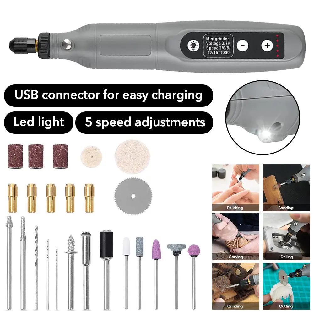 

Rechargeable Cordless Rotary Multi Tool Kit USB 5Speed Mini Wireless Drill with 25 Accessories DIY Woodworking Engraving Pen