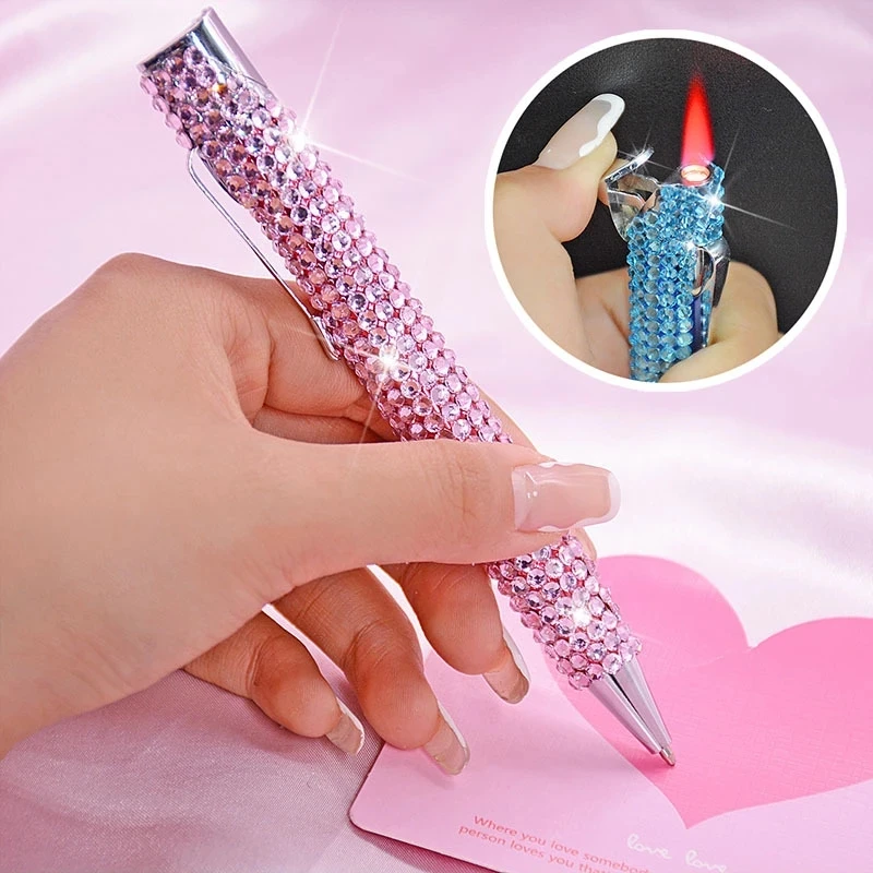 

New Diamond Ball Pen Lighter Windproof Inflatable Butane Gas Portable Lighter Water Diamond Cigarette Accessories Girl Gift