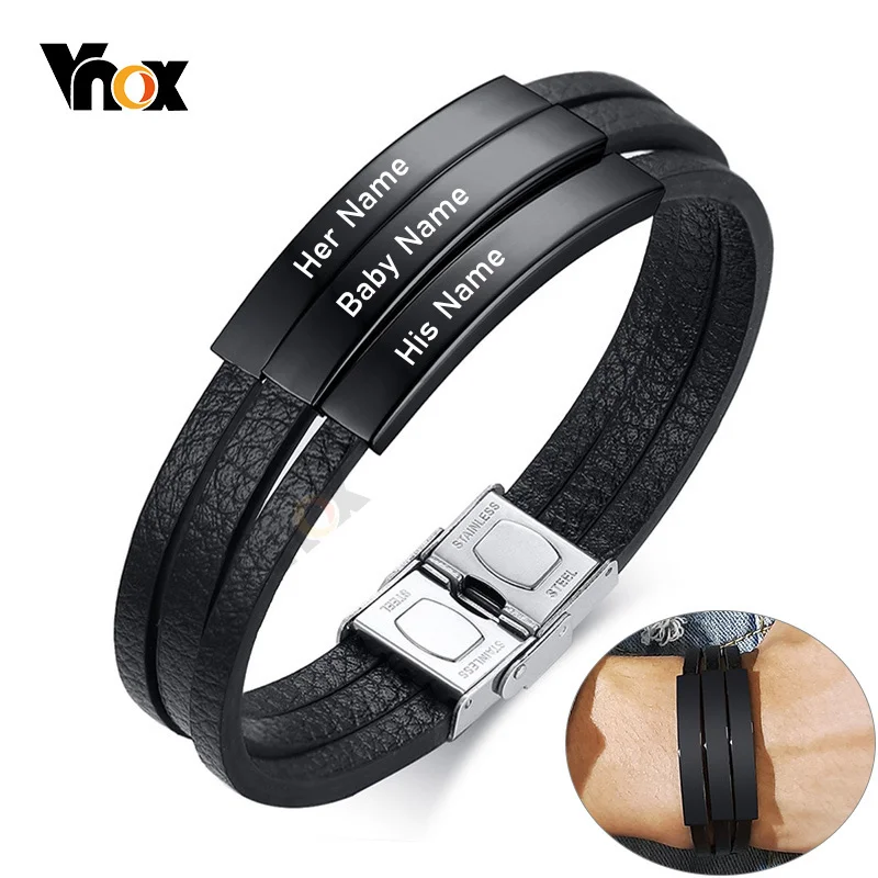 Vnox Personalize Engrave Name Men Multi-Layer Black Leather Wrap Bracelets Custom BFF Family Love Gifts Jewelry