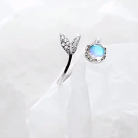 sterling silver ring cute tail mermaid moonstone personality adjustable ring ladies party delicate jewelry elegant accessories