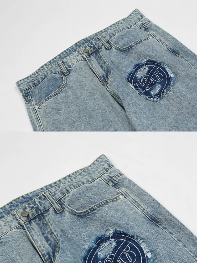 Four Seasons American Retro Washed Distressed Embroidered Patch Ripped Jeans High Street Fashion Streetwear Men's Ins Hot Sale