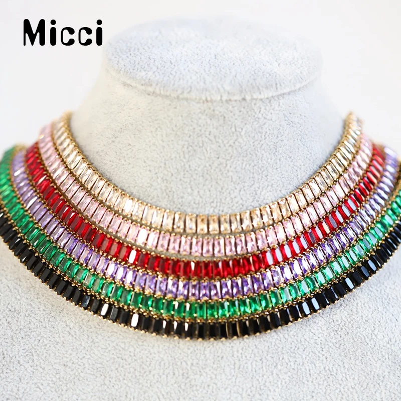 

Micci Luxury Stainless Steel Fine Jewelry Baguette Cubic Zirconia CZ Iced Out Square Cluster Diamond Gold Tennis Chain Necklace