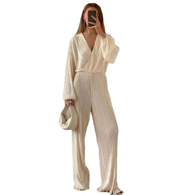 

African Jumpsuit Bodysuit Sexy Clothes For Women Solid Color Elegant V Neck Pleated Loose Long Sleeved Jumpsuit 2023 Spring XL