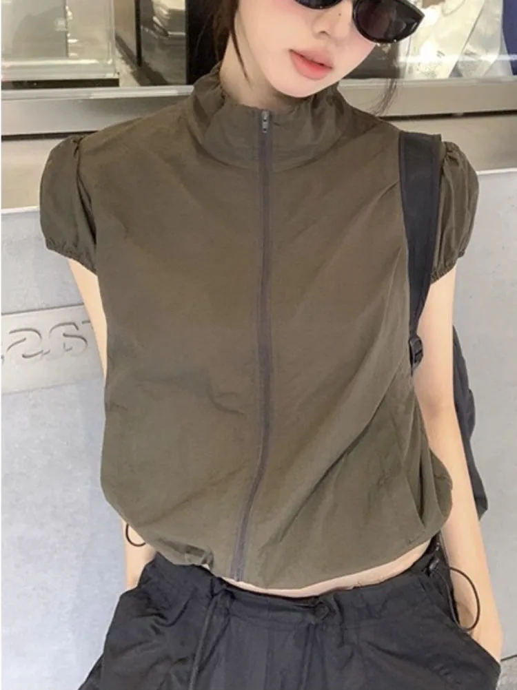 

Sun Protection Solid Thin Chic Jackets Summer Vintage Slim Stand Neck Coat Casual Zipper Y2k Aesthetic Cargo Short Sleeve Coats