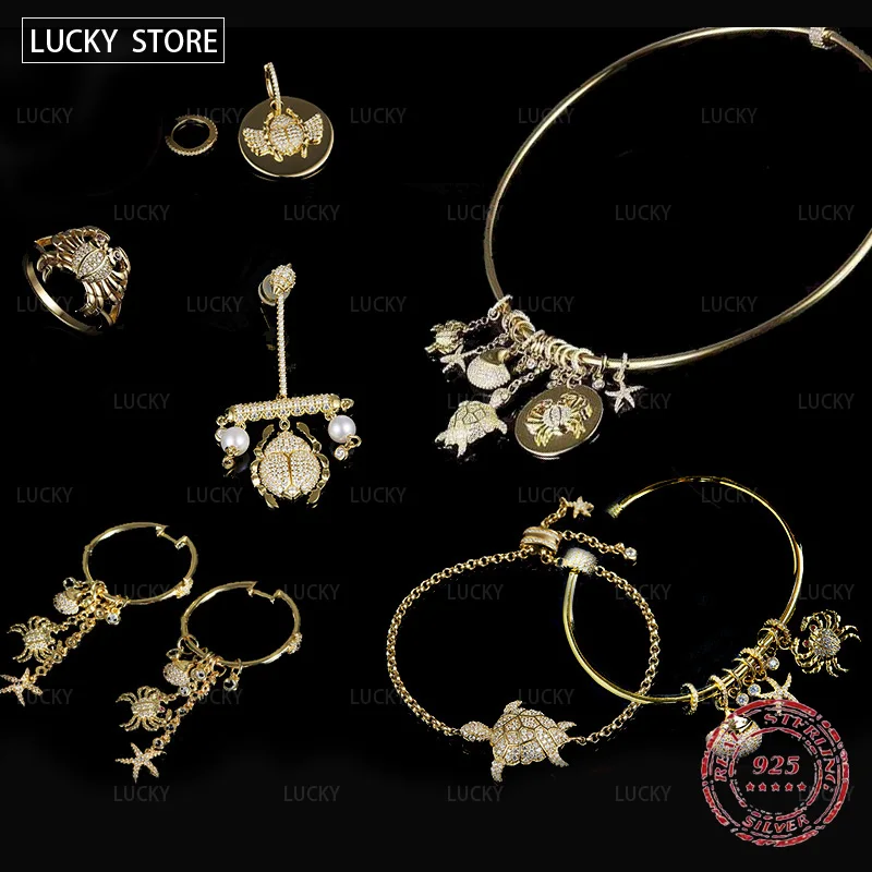 

Luxury personality S925 gold adjustable tortoise and crab shell insect funny animal jewelry, women's gift, earring set
