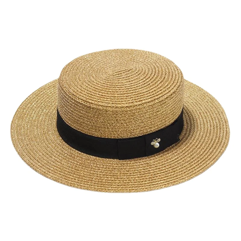 

Ladies Sun Boater Flat Hats Small Bee Sequins Straw Hat Retro Gold Braided Hat Female Sunshade Shine Flat Cap RH