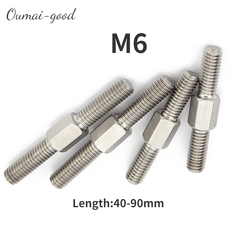 

2Pcs M6 40-90mm Left and Right Thread Double End Thread Rod 304 Stainless Steel Stud Bolts Rod Tooth Threaded Bar Outer Hexagon